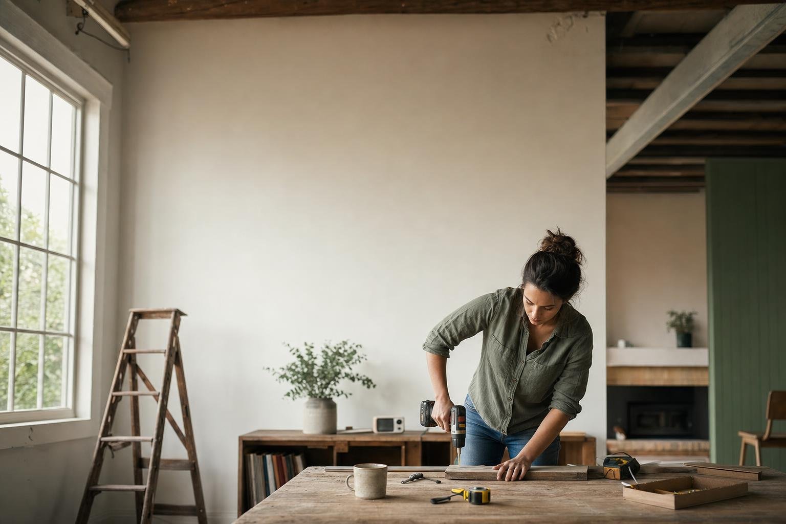 A woodworker sanding an oak board on a sunlit workbench